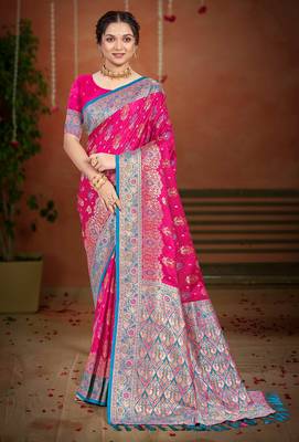rani pink satin silk blend woven work traditional saree 1