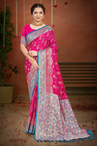 rani pink satin silk blend woven work traditional saree