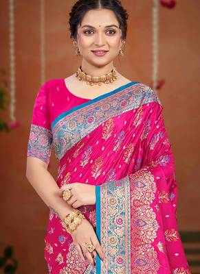 rani pink satin silk blend woven work traditional saree 2