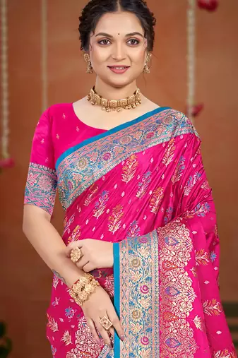 rani pink satin silk blend woven work traditional saree
