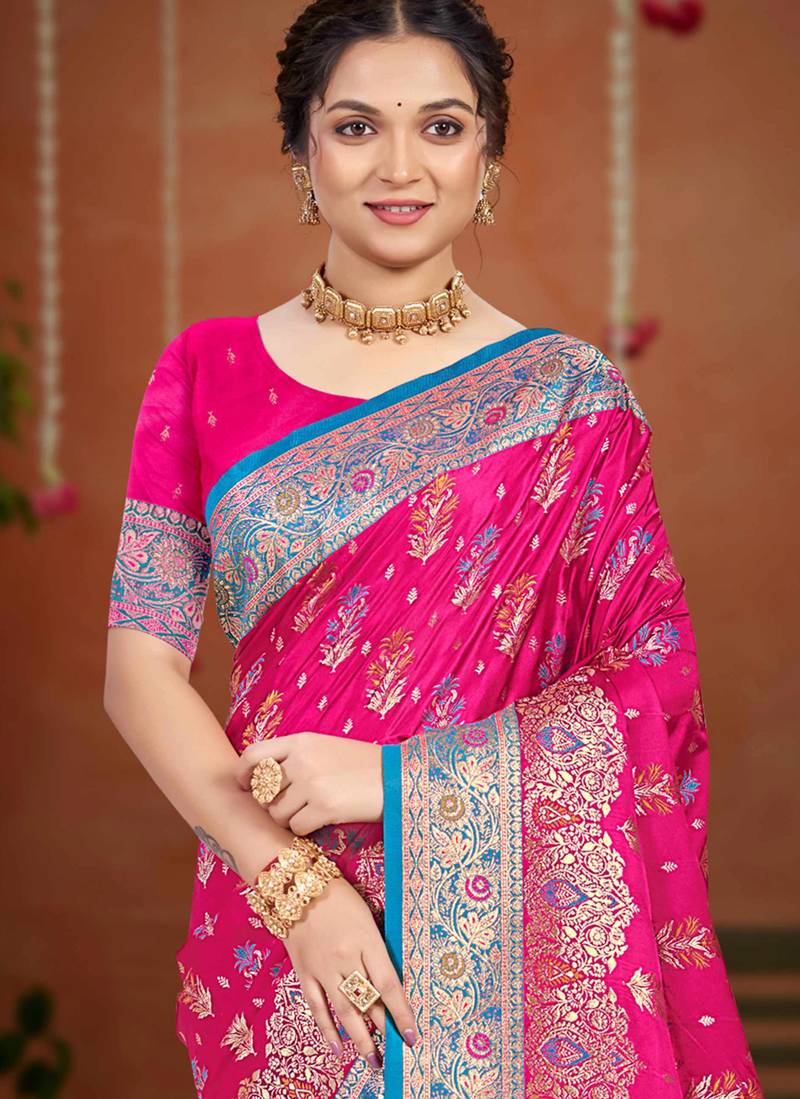 rani pink satin silk blend woven work traditional saree