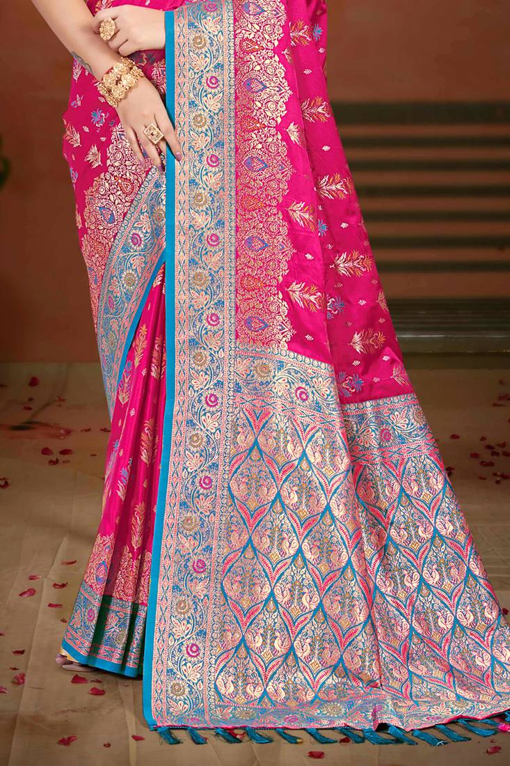 rani pink satin silk blend woven work traditional saree