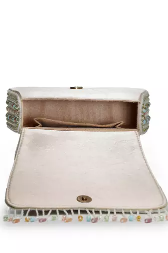 Anekaant blush & bead ivory satin concentric beadwork embellished clutch
