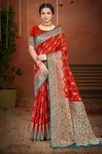 rust orange satin silk blend woven work traditional saree