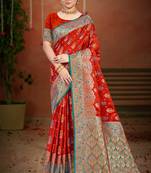 rust orange satin silk blend woven work traditional saree