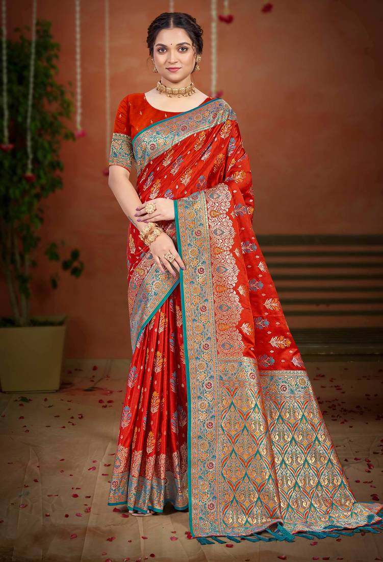rust orange satin silk blend woven work traditional saree