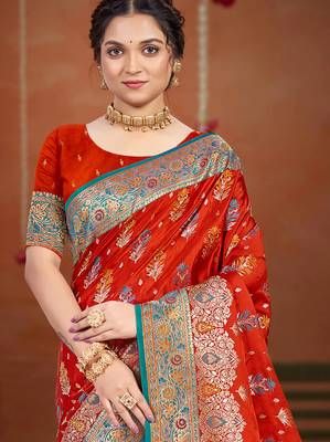 rust orange satin silk blend woven work traditional saree 2
