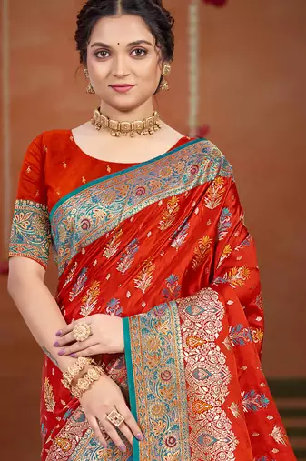 rust orange satin silk blend woven work traditional saree