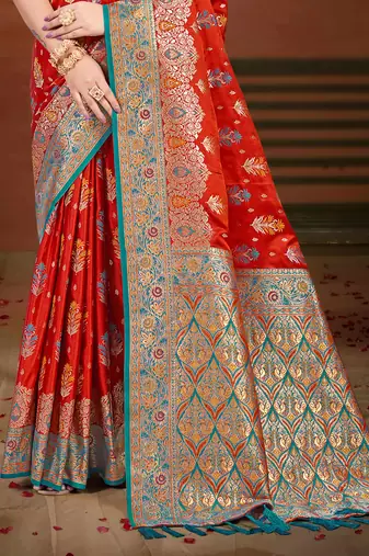 rust orange satin silk blend woven work traditional saree