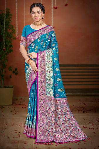 teal blue satin silk blend woven work traditional saree