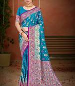 teal blue satin silk blend woven work traditional saree