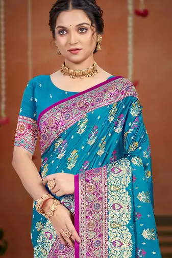 teal blue satin silk blend woven work traditional saree