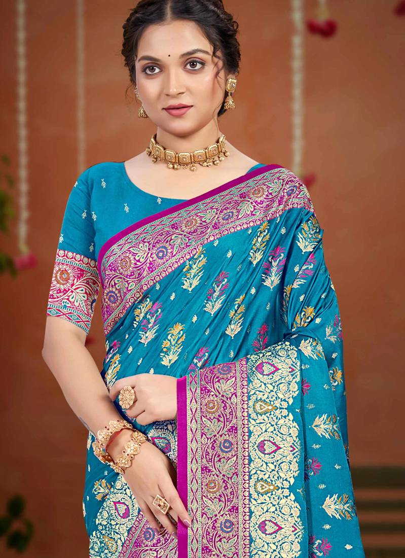 teal blue satin silk blend woven work traditional saree
