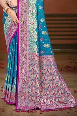 teal blue satin silk blend woven work traditional saree 3