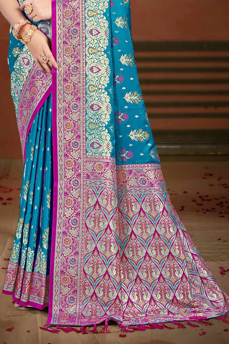 teal blue satin silk blend woven work traditional saree