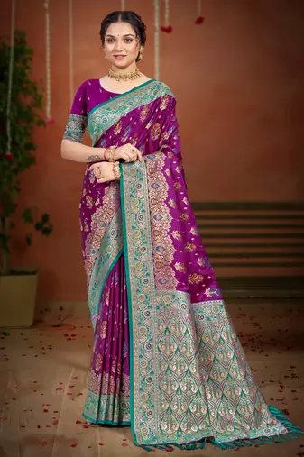royal purple satin silk blend woven work traditional saree