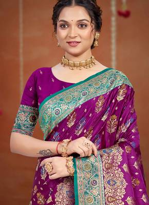 royal purple satin silk blend woven work traditional saree 2
