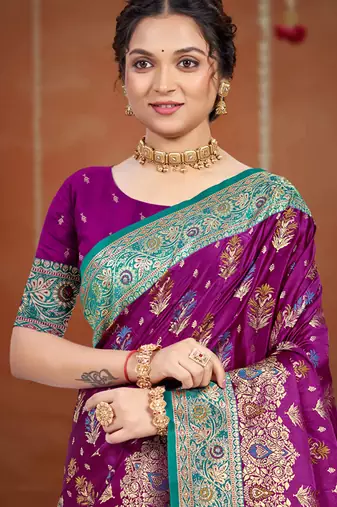 royal purple satin silk blend woven work traditional saree