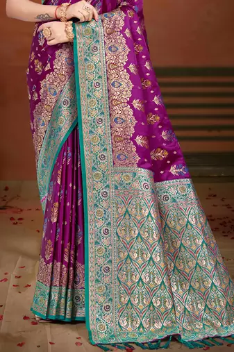 royal purple satin silk blend woven work traditional saree