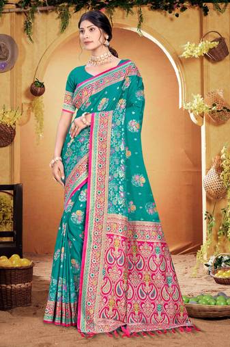 teal green satin silk blend woven work traditional saree
