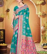 teal green satin silk blend woven work traditional saree
