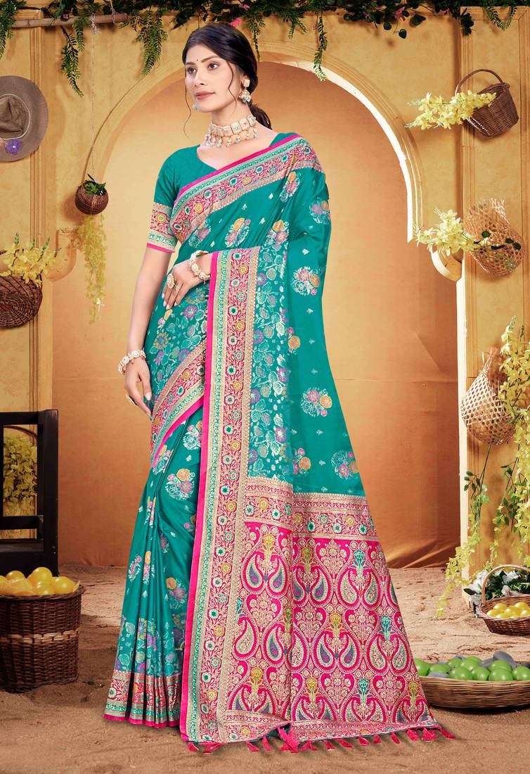 teal green satin silk blend woven work traditional saree