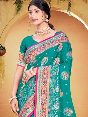 teal green satin silk blend woven work traditional saree 2