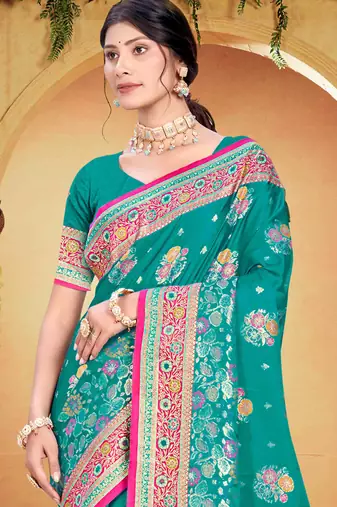 teal green satin silk blend woven work traditional saree