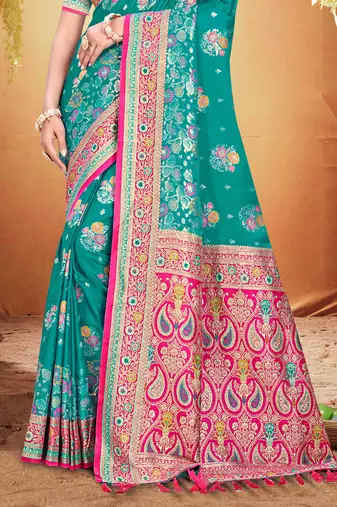teal green satin silk blend woven work traditional saree
