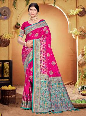 rani pink satin silk blend woven work traditional saree 1
