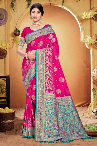 rani pink satin silk blend woven work traditional saree
