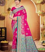 rani pink satin silk blend woven work traditional saree