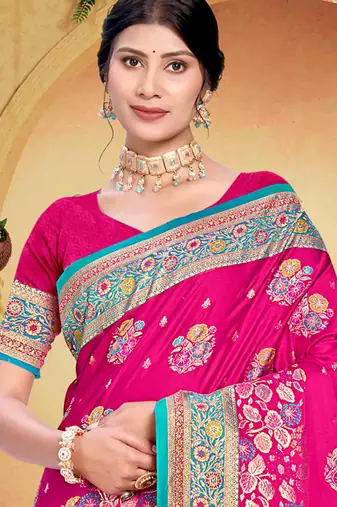 rani pink satin silk blend woven work traditional saree