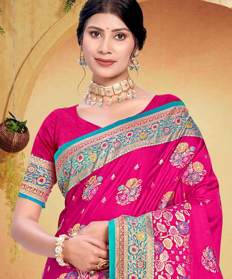 rani pink satin silk blend woven work traditional saree