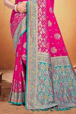 rani pink satin silk blend woven work traditional saree 3