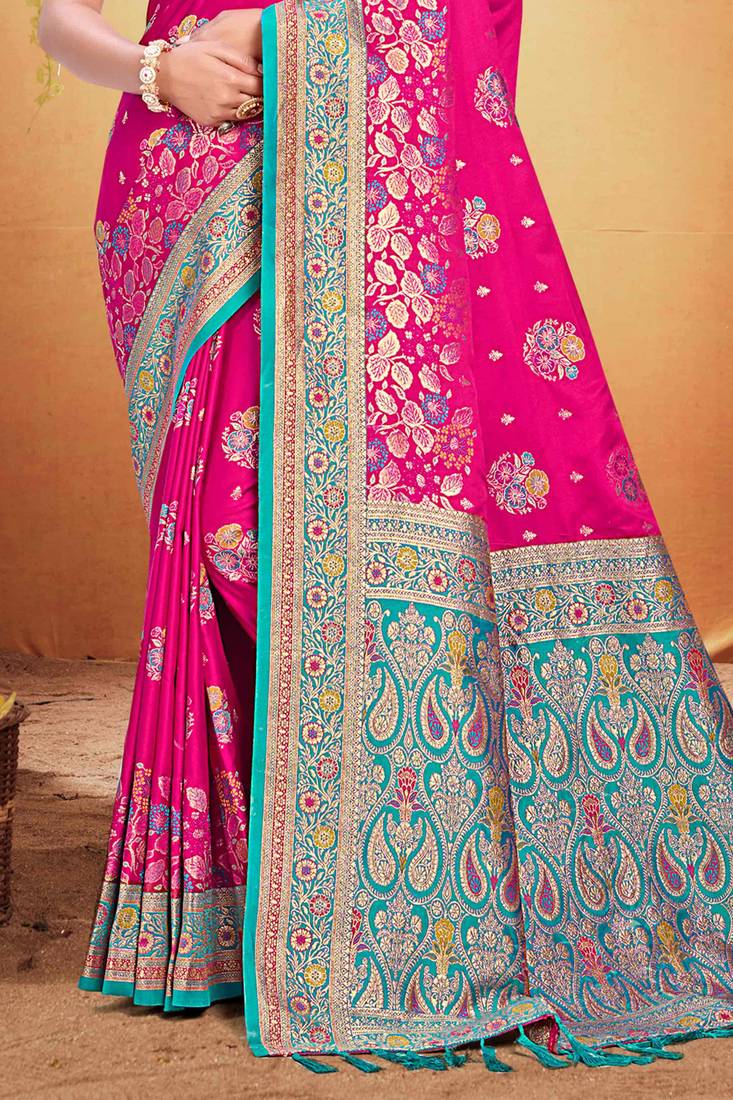 rani pink satin silk blend woven work traditional saree