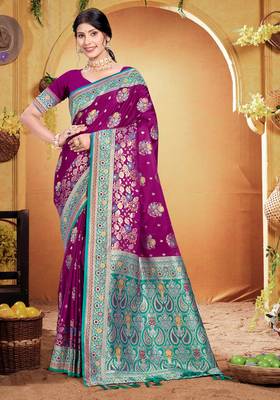 wine purple satin silk blend woven work traditional saree 1