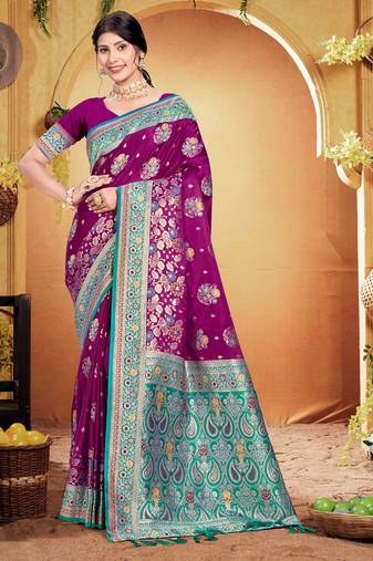 wine purple satin silk blend woven work traditional saree