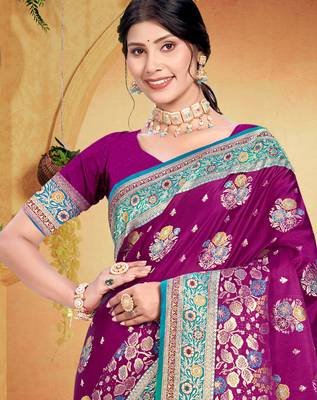 wine purple satin silk blend woven work traditional saree 2