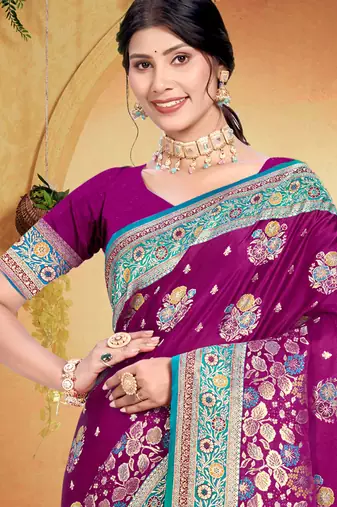 wine purple satin silk blend woven work traditional saree
