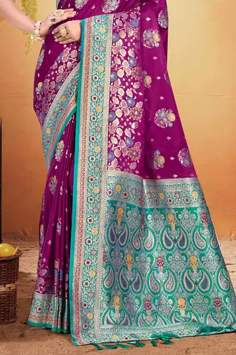 wine purple satin silk blend woven work traditional saree