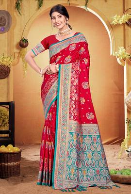 crimson red satin silk blend woven work traditional saree 1