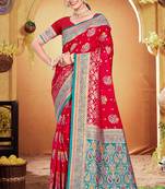 crimson red satin silk blend woven work traditional saree