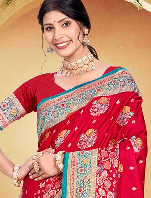 crimson red satin silk blend woven work traditional saree 2