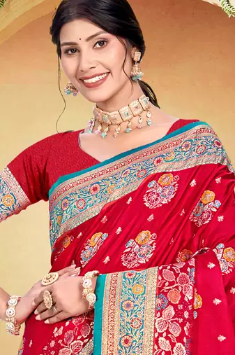 crimson red satin silk blend woven work traditional saree