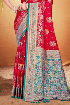crimson red satin silk blend woven work traditional saree 3