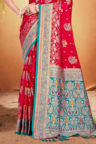 crimson red satin silk blend woven work traditional saree
