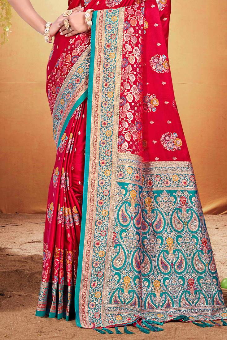 crimson red satin silk blend woven work traditional saree