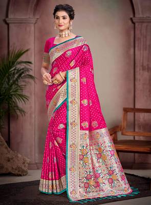 rani pink satin silk blend woven work traditional saree 1