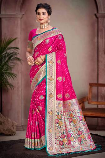 rani pink satin silk blend woven work traditional saree